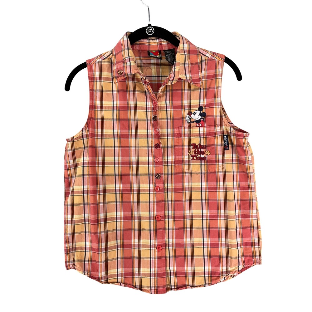 Mickey Unlimited Plaid Sleeveless Top Womens Small Orange Disney Embroidered 90s
